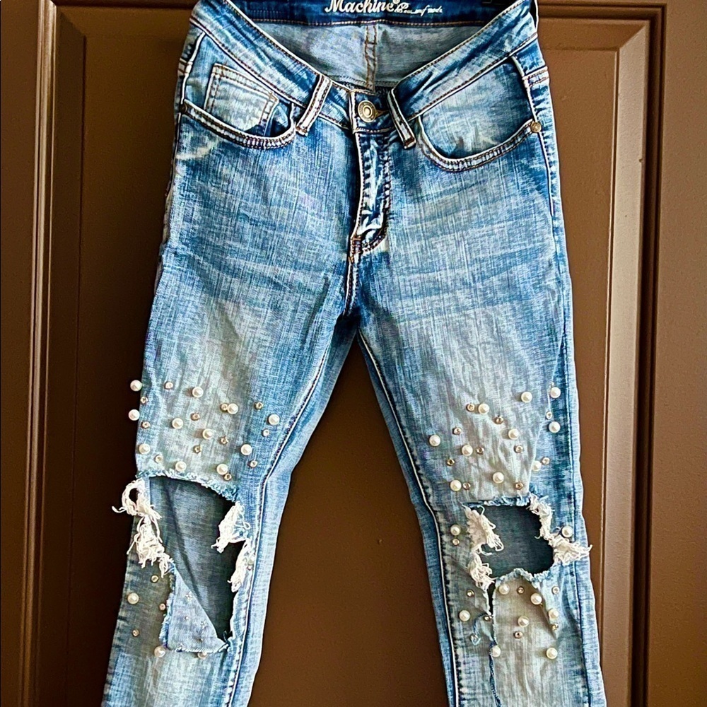 Machine Destroyed Cropped Jeans! Pearl accents! Sz Xs - Picture 2 of 13
